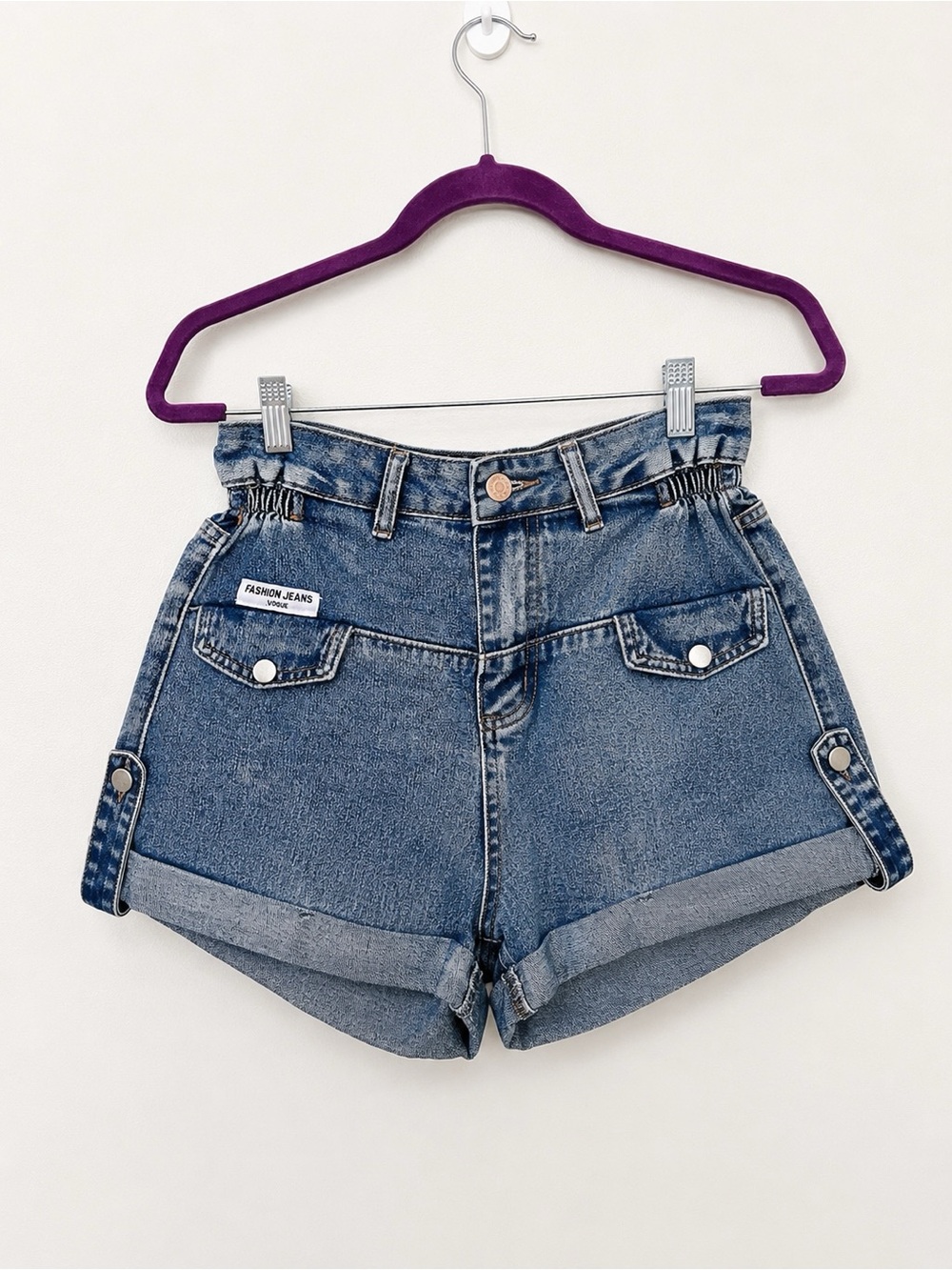 Women’s High Waist Denim Short Shorts Blue Wash Elastic Waist